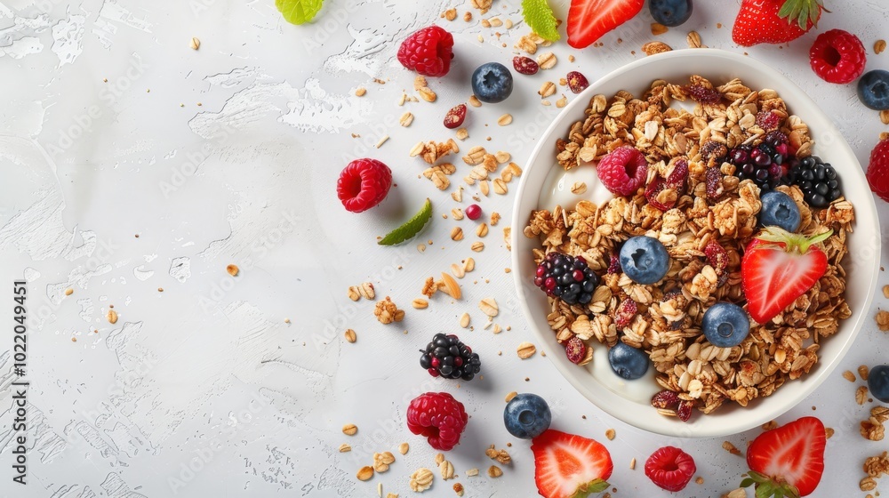Vibrant Granola and Fresh Berries in a Rustic Bowl - A Colorful Breakfast Delight Vibrant Granola and Fresh Berries in a Rustic Bowl - A Colorful Breakfast Delight