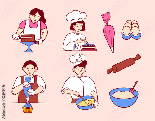 Pastry Chef Baking Set. A collection of 8 pastry chef-themed illustrations featuring chocolate desserts and baking tools. Perfect for food-related designs, bakeries, or recipe projects