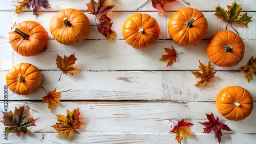 Bright Orange Halloween Pumpkins Arranged on White Wooden Planks: Festive Holiday Decorations