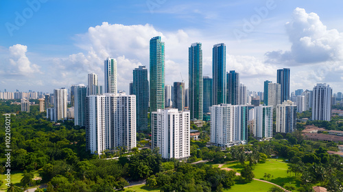 Beautiful modern eco friendly green city panoramic view with skyscrapers and parks concept eco friendly