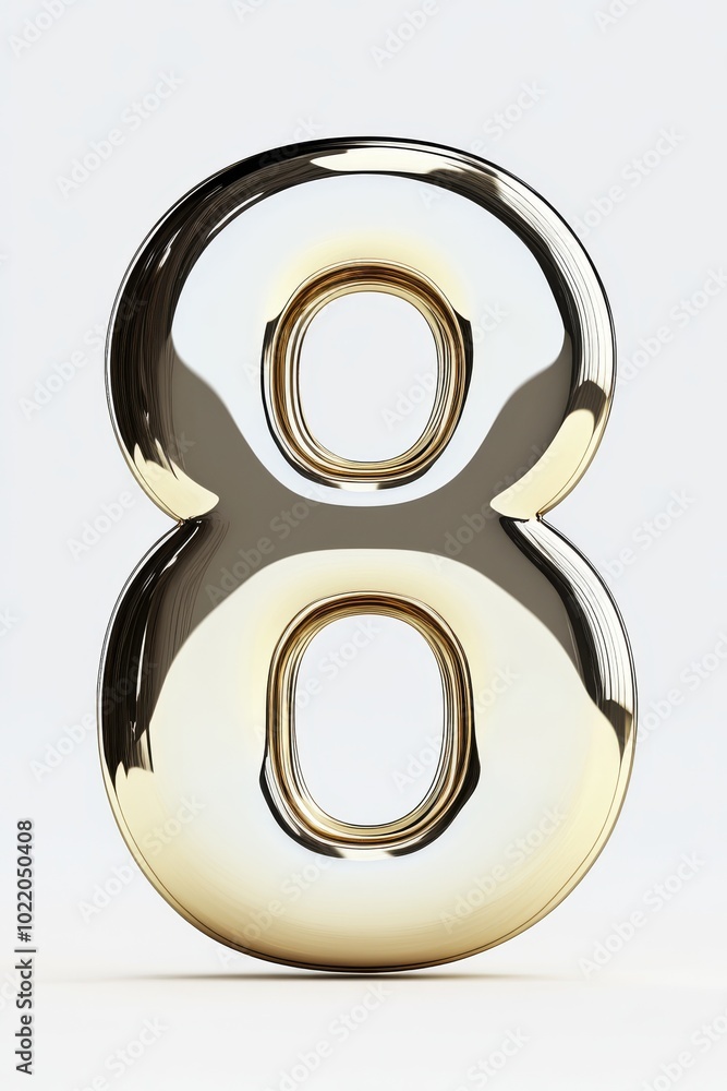 The number 8 has a sleek metallic 3D finish from the front, gleaming with glossy reflections, symbolizing strength and reliability, and is free of shadows, making it ideal for business presentations. The number 8 has a sleek metallic 3D finish from the front, gleaming with glossy reflections, symbolizing strength and reliability, and is free of shadows, making it ideal for business presentations.
