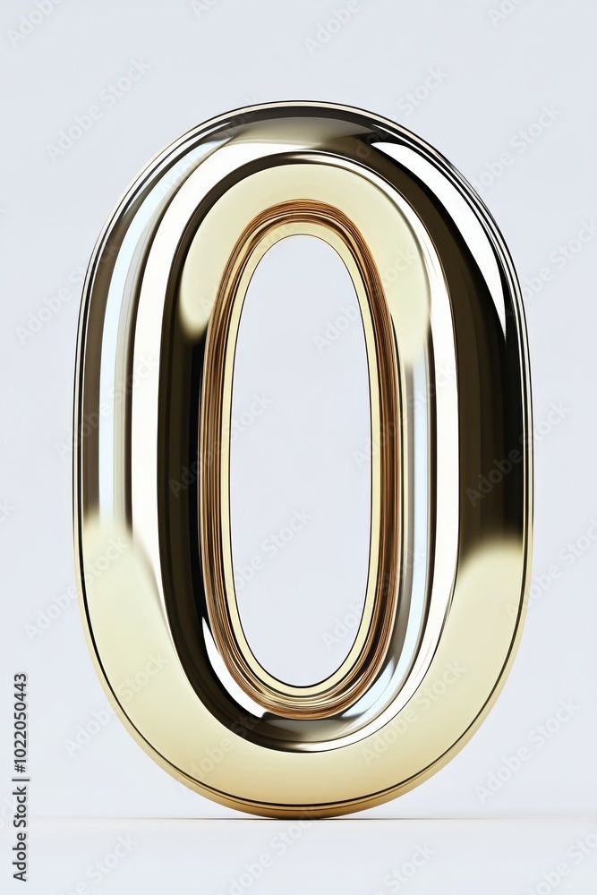Obraz premium A sleek metallic 3D finish of the number 0 front view gleaming with glossy reflections, symbolizing strength and reliability, with no shadows, ideal for business presentations.