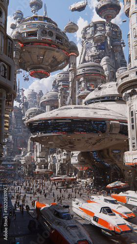 A futuristic cityscape with flying saucer-like structures and futuristic vehicles, bustling with crowds photo