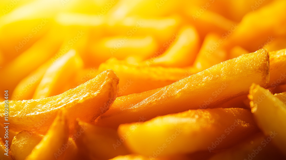 Golden crispy French fries close-up with warm sunlight highlighting their texture, perfect for food backgrounds Golden crispy French fries close-up with warm sunlight highlighting their texture, perfect for food backgrounds