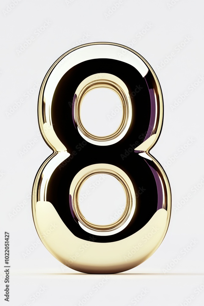 A sleek metallic 3D number 8 with a glossy finish, front view, gleaming with reflections, symbolizing strength and reliability, free of shadows, ideal for business presentations. A sleek metallic 3D number 8 with a glossy finish, front view, gleaming with reflections, symbolizing strength and reliability, free of shadows, ideal for business presentations.