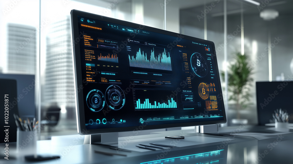 3D Render of a Holographic Fintech Interface in a Modern Office, generative ai 3D Render of a Holographic Fintech Interface in a Modern Office, generative ai