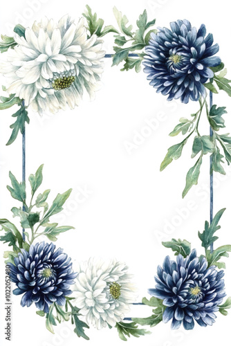 A rectangular border of navy blue silver white chrysanthemums with green leaves on a white background, style watercolor