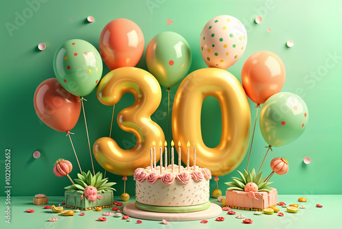 30th birthday card. Vibrant celebration scene with a large number 30 prominently displayed, surrounded by colorful balloons and a cake with candles on it.