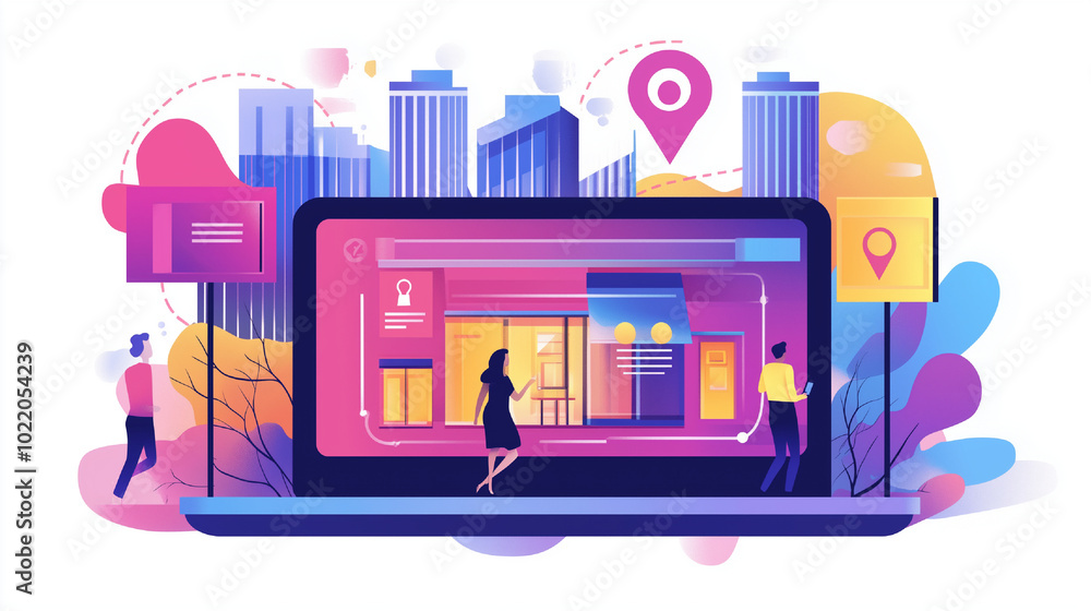 location pins and map with shop buildings location pins and map with shop buildings