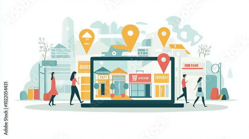 location pins and map with shop buildings