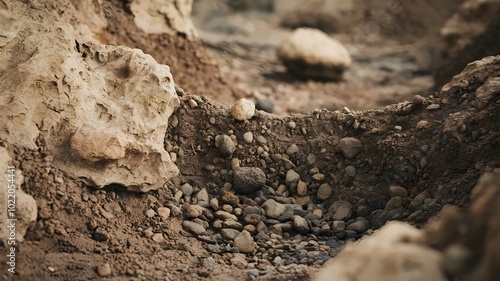 Close-up of rocky terrain with earthy tones and moist soil