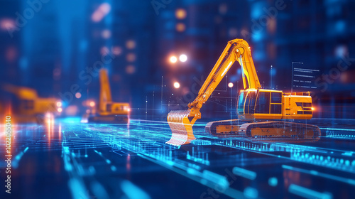 A blurred backdrop of heavy machinery in action is enhanced by a futuristic digital interface that tracks operational metrics, energy consumption, and machine health. Smart constru photo