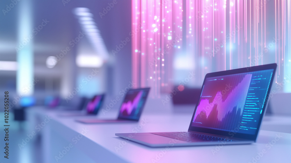 In a sleek open office environment, laptops are arranged on white desks, with holographic lines representing interconnected data flows above them. Each device displays vibrant grap In a sleek open office environment, laptops are arranged on white desks, with holographic lines representing interconnected data flows above them. Each device displays vibrant grap