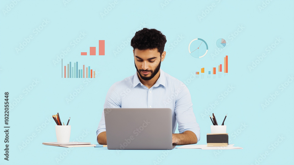 A visual depiction of how a businessman uses advertising platforms to target audiences online. The individual works on a laptop, managing ads and sales on websites, while digital t A visual depiction of how a businessman uses advertising platforms to target audiences online. The individual works on a laptop, managing ads and sales on websites, while digital t