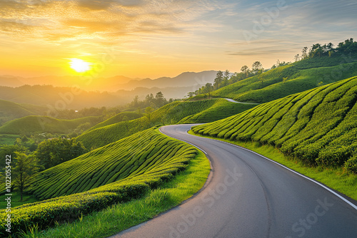 Beautiful road through the green tea plantation in the mountains