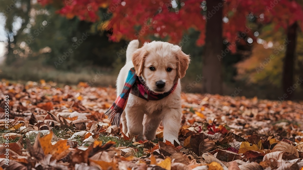 Golden retriever puppy wearing scarf walking on leaf-covered ground Golden retriever puppy wearing scarf walking on leaf-covered ground