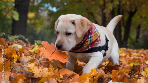 Labrador puppy wearing scarf playing with orange leaf in autumn forest