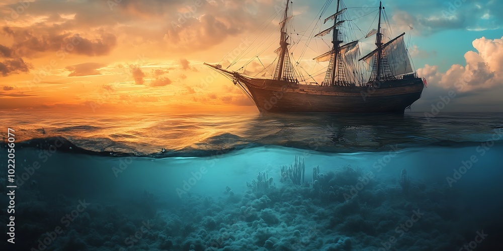 Fototapeta premium Ship Sailing Above Water, with Ocean Floor Below, Sunset Clouds