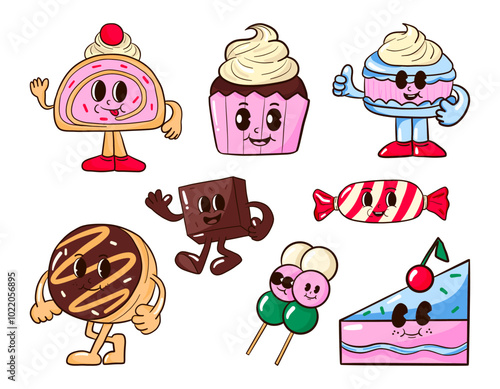 Fun Dessert Retro Character Bundle. A playful collection of 8 dessert characters, including cupcakes, cookies, and candy. Perfect for bakery, food projects, and sweet designs