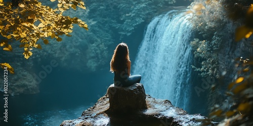 Woman Silhouetted Against Waterfall in Lush Rainforest