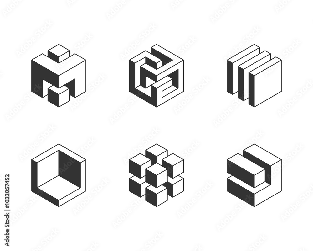 custom made wallpaper toronto digitalBlack and white Cube logo, geometric vector design. Set box logotype company, trendy techno emblem in isometric 3D style.