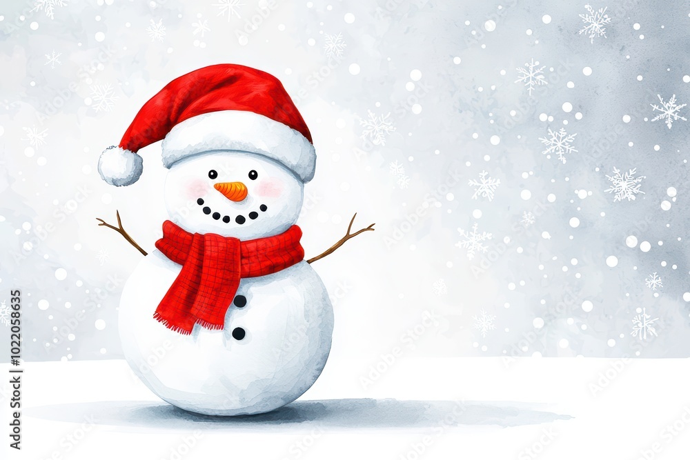A cheerful snowman wearing a red scarf and hat, surrounded by falling snowflakes in a winter scene. A cheerful snowman wearing a red scarf and hat, surrounded by falling snowflakes in a winter scene.