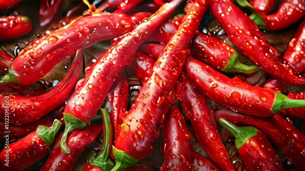 Red chili peppers with drops of water background Red chili peppers with drops of water background