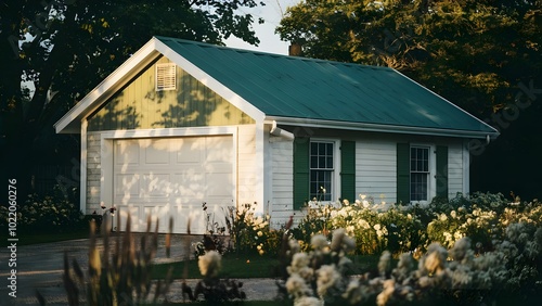 Detached Garage with Green Roof and Blooming Flowers
