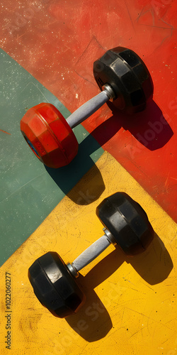 Pesos de academia sobre um tapete de exercícios colorido