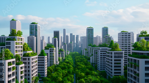 Spectacular eco-futuristic cityscape full with greenery, skyscrapers, parks, and other manmade green spaces in urban area. Green garden in modern city. Digital art 3D illustration. concept eco