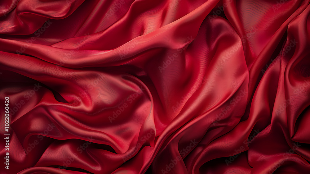 a close-up view of red fabric with intricate folds and drapes. The fabric appears to be smooth and shiny, likely made of silk or satin, creating a luxurious and elegant texture