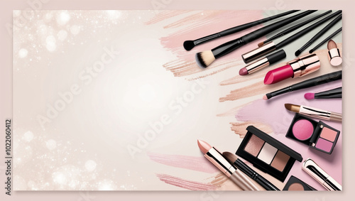 Elegant Pink and Cream Makeup Backgrounds with Brushes and Floral Accents