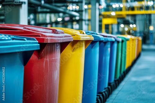 Colorful recycling bins in an industrial setting.