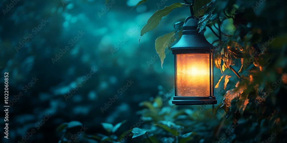 Fototapeta premium Glowing Lantern Hanging in Dark Forest, Mystical Atmosphere