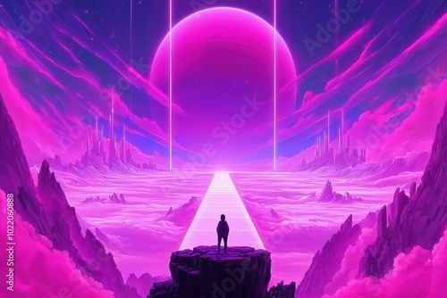 A surreal landscape with a figure gazing at a giant pink planet, illuminated by glowing beams, set in a vibrant, dreamlike atmosphere.