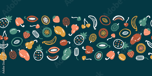 Colorful Mix of Tropical Fruits Horizontal Seamless Border Pattern. Vector illustration.