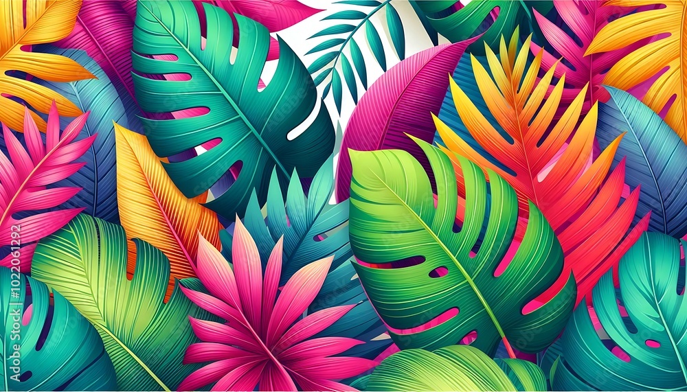 background featuring large tropical leaves in various shades of green, accented with bold colors like fuchsia, orange, and yellow,generative ai