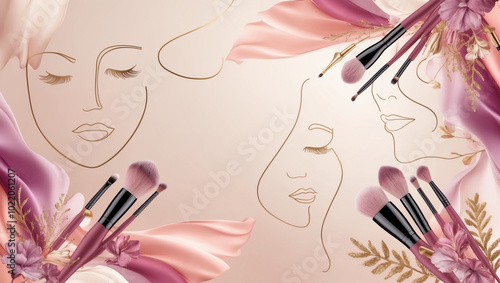 Elegant Pink and Cream Makeup Backgrounds with Brushes and Floral Accents