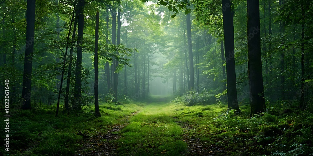 Obraz premium Sun Rays through Misty Forest Path