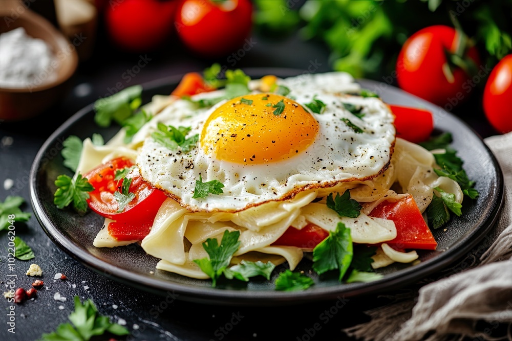 Delicious pasta topped with a fried egg and vegetables. Delicious pasta topped with a fried egg and vegetables.
