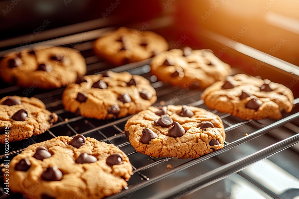 Freshly baked chocolate chip cookies cooling on a rack. Freshly baked chocolate chip cookies cooling on a rack.