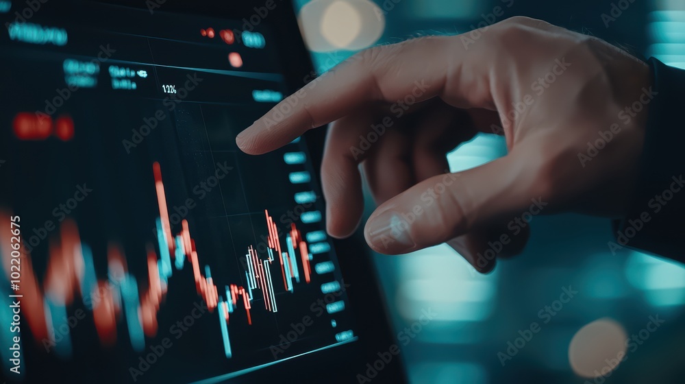 Close-up of a hand interacting with a digital financial chart on a screen, showcasing market trends and data analysis. Close-up of a hand interacting with a digital financial chart on a screen, showcasing market trends and data analysis.