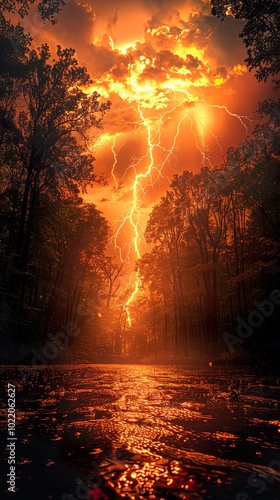 Lightning Storm Over Forest River - Dramatic Nature Photography