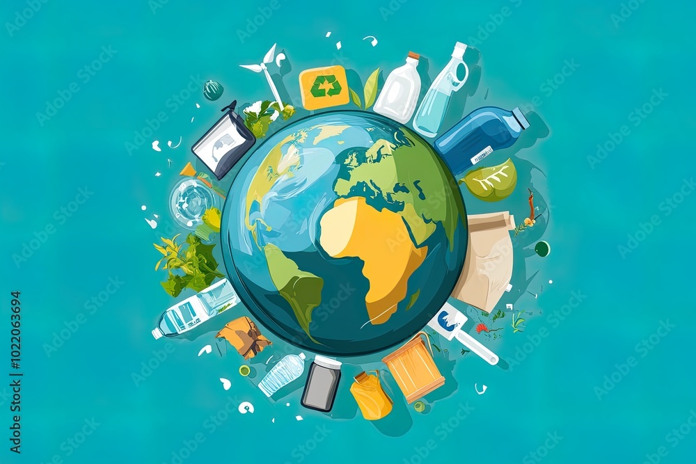 Earth surrounded by recycling and eco-friendly items. Earth surrounded by recycling and eco-friendly items.