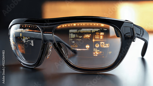 Smart glasses on a tabletop with glowing display photo