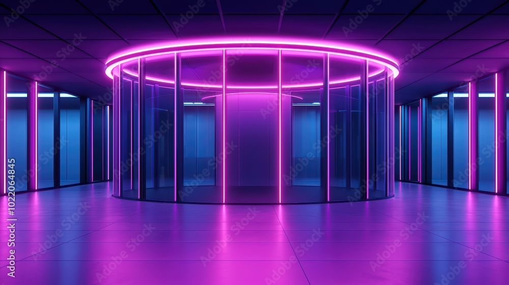 Futuristic interior space with neon lighting and glass structure, creating a vibrant and modern atmosphere. Futuristic interior space with neon lighting and glass structure, creating a vibrant and modern atmosphere.