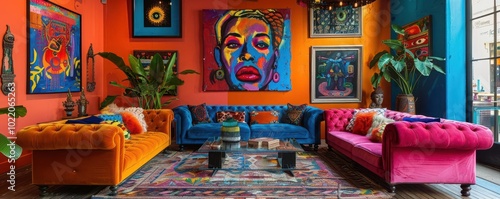 Urban Art Gallery, vibrant colors, eclectic decor, indoor setting, photography