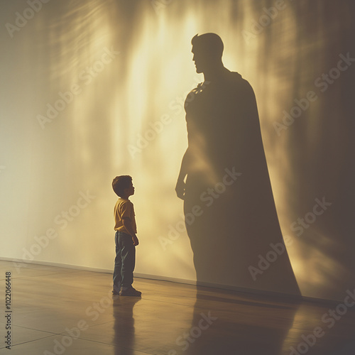 Little boy imagining himself as a superhero with a shadow of a cape-wearing hero