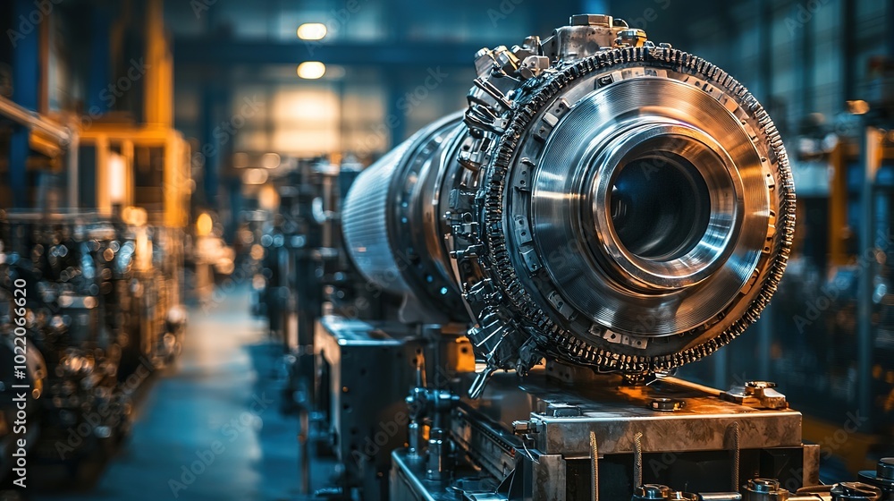 A close-up of a jet engine component in a dimly lit industrial setting, showcasing intricate metallic details and machinery. A close-up of a jet engine component in a dimly lit industrial setting, showcasing intricate metallic details and machinery.