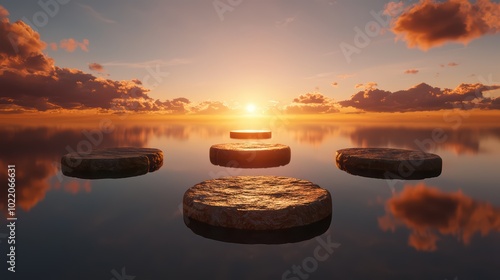 Serene sunset over calm water, with stone steps leading into the horizon, creating a peaceful and meditative atmosphere.